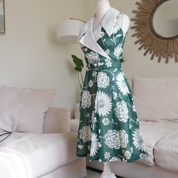 Vintage Jan Sue Of California Green Floral 1950s Collared Dress - Picture 3 of 10